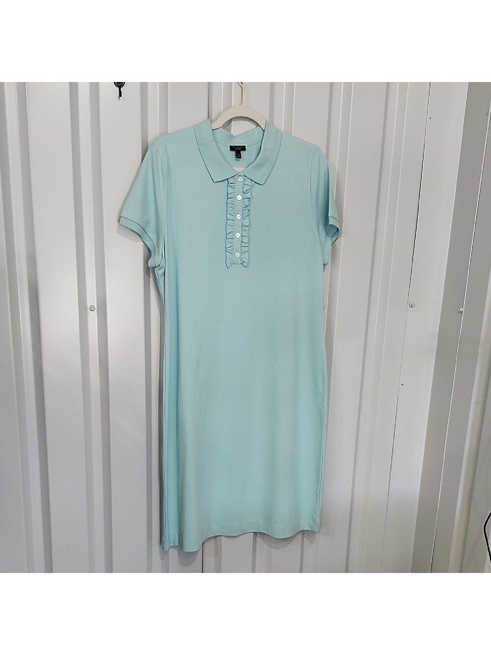 Talbots Soft Blue Button Front Ruffle Polo Shirt Dress Size XL Cotton Blend